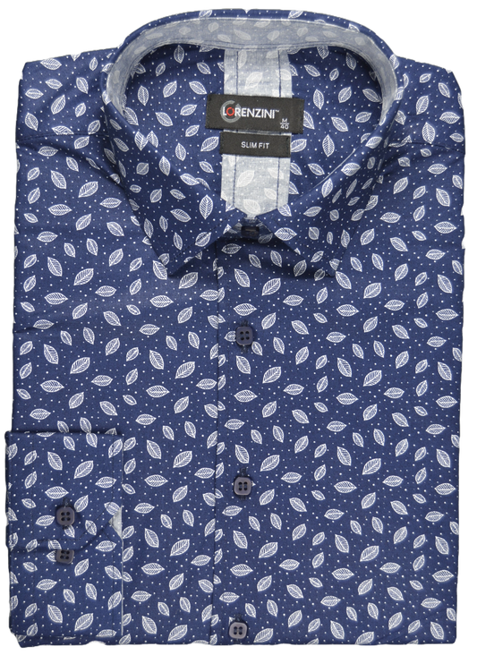 Lorenzini Slim Fit Leaf Print Navy Shirt