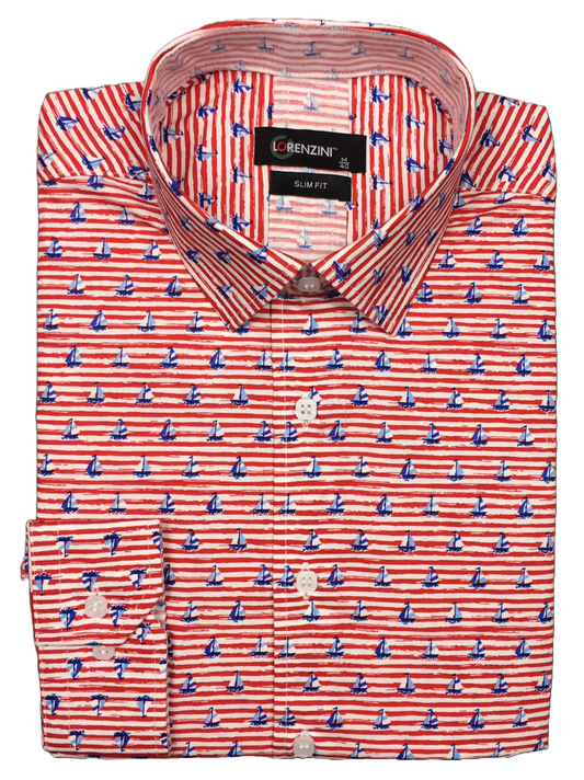 Lorenzini Slim Fit Sea Red Printed Stripe Shirt